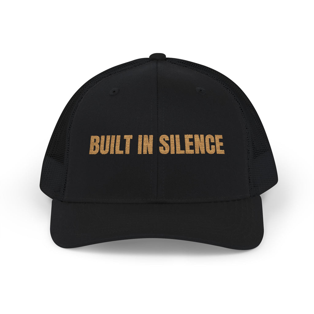 Built In Silence Snapback Trucker Cap — Bold Gold Embroidered Mesh Hat