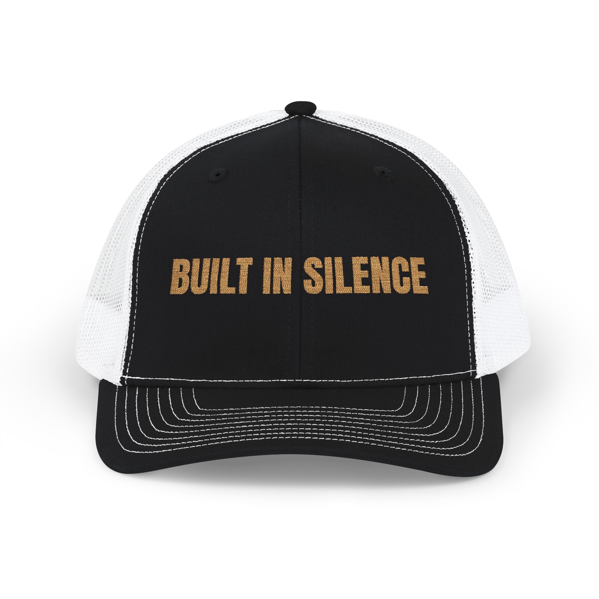 Built In Silence Snapback Trucker Cap — Bold Gold Embroidered Mesh Hat