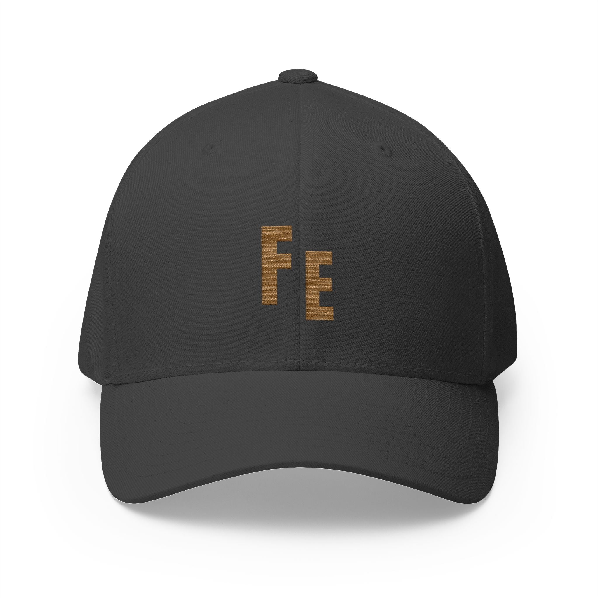 Embroidered 'Fe' Gold Letter Cap — Minimalist Metallica-Inspired Baseball Hat