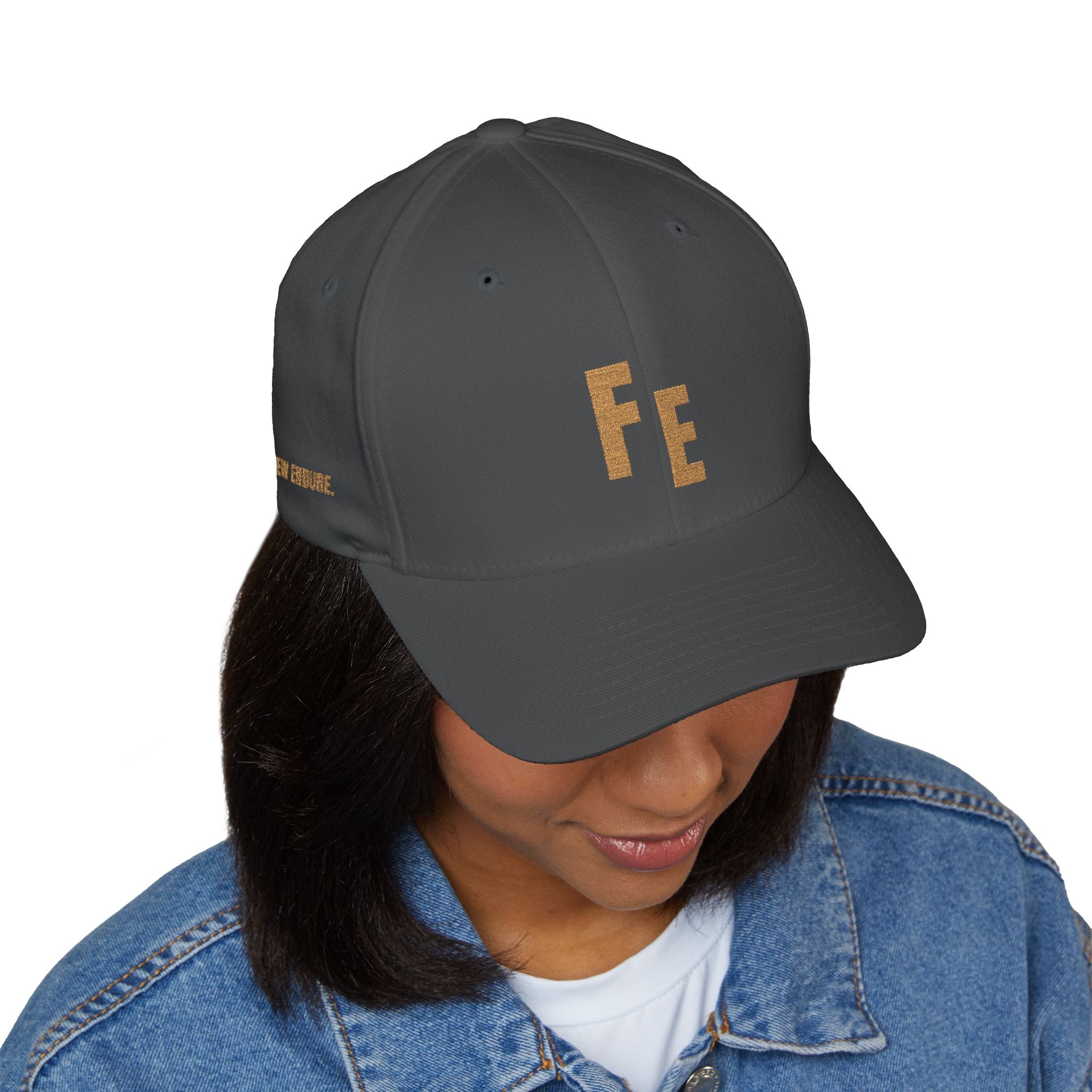 Embroidered 'Fe' Gold Letter Cap — Minimalist Metallica-Inspired Baseball Hat