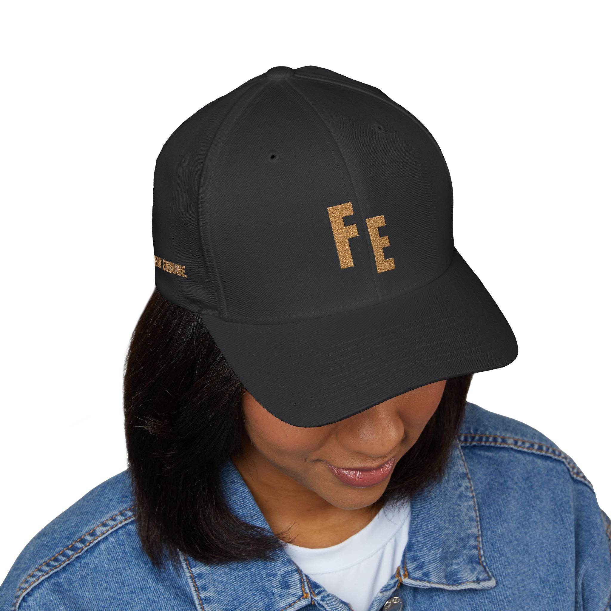 Embroidered 'Fe' Gold Letter Cap — Minimalist Metallica-Inspired Baseball Hat
