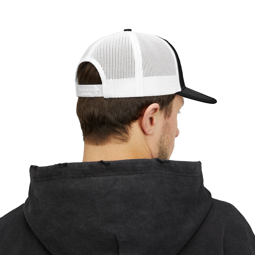 Built In Silence Snapback Trucker Cap — Bold Gold Embroidered Mesh Hat