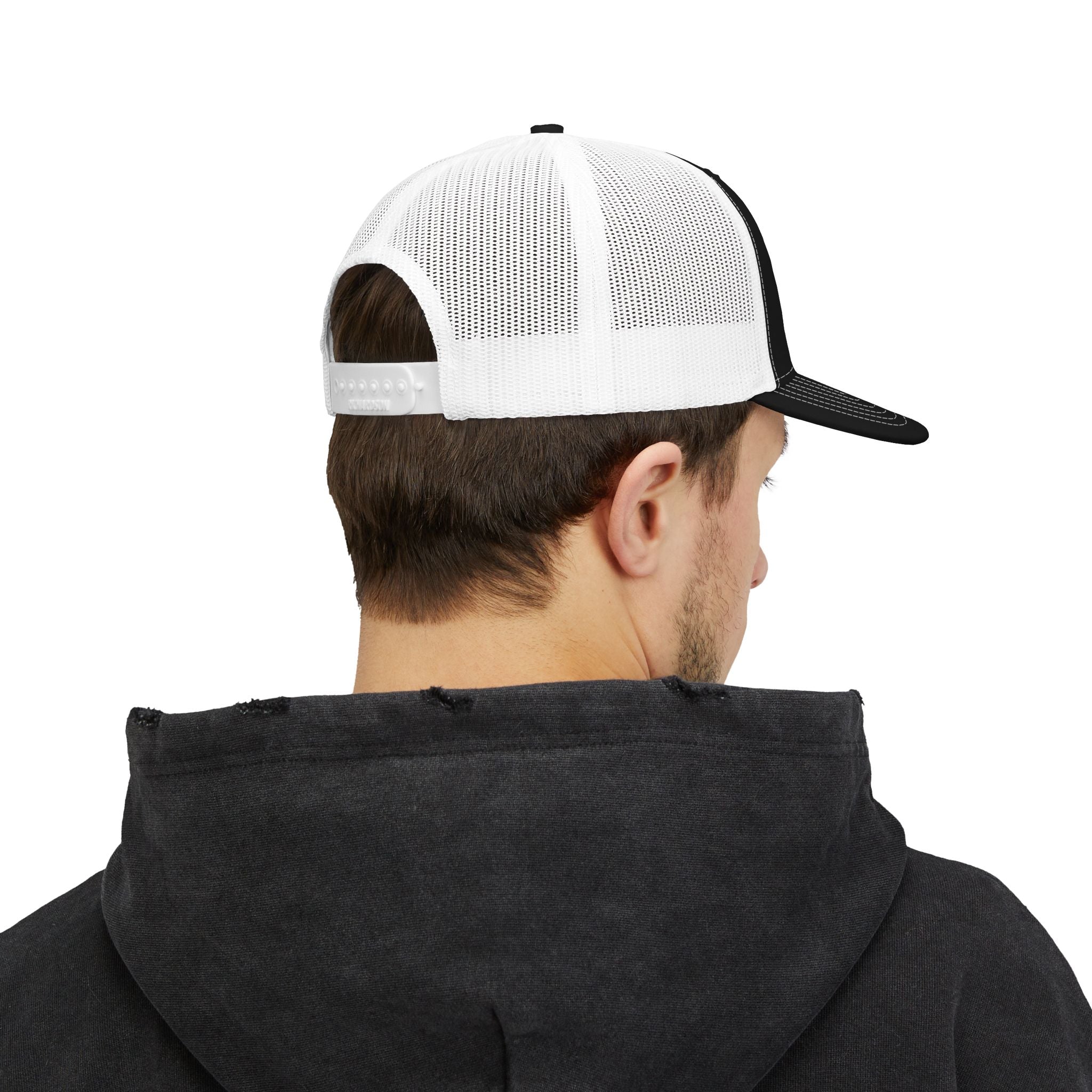 Built In Silence Snapback Trucker Cap — Bold Gold Embroidered Mesh Hat