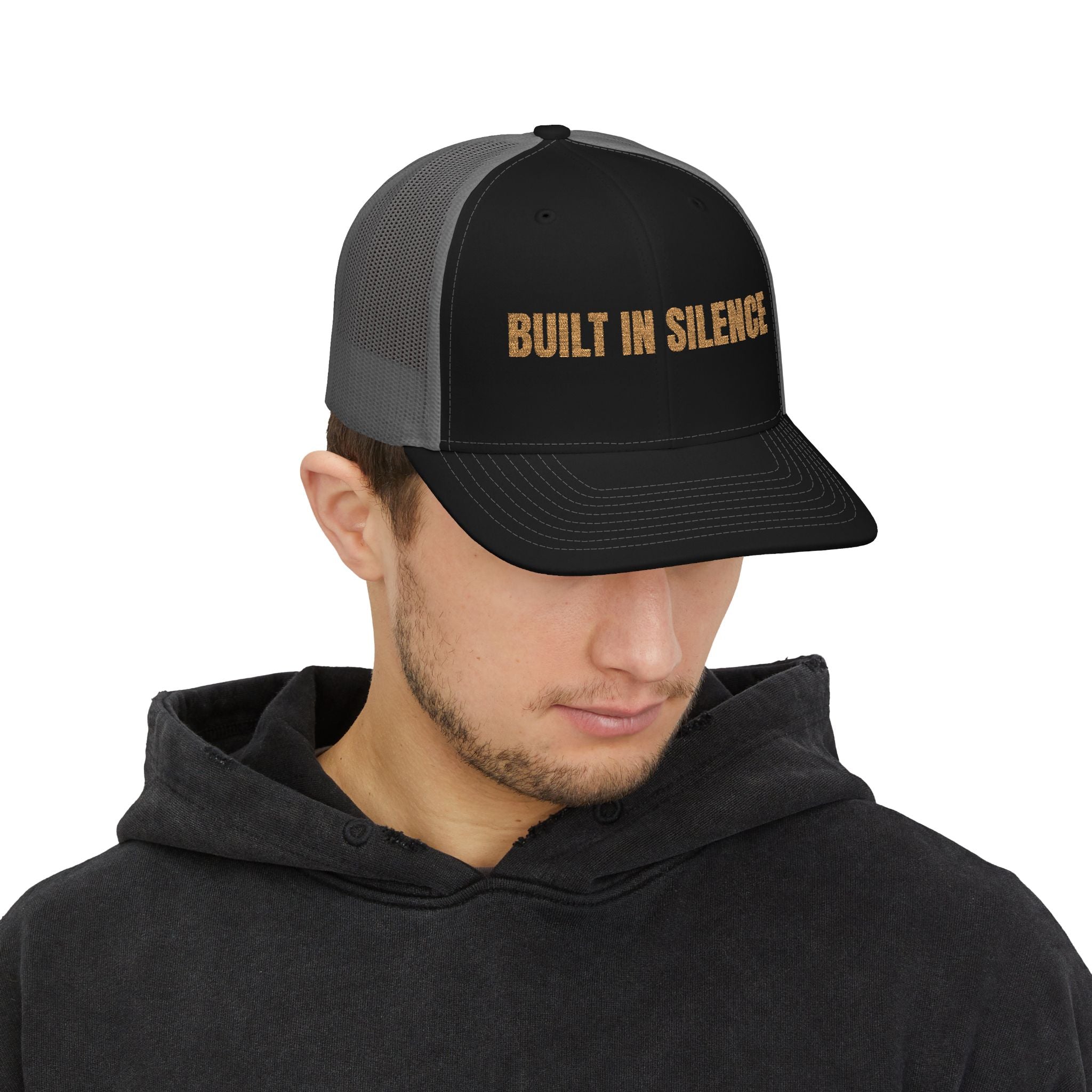 Built In Silence Snapback Trucker Cap — Bold Gold Embroidered Mesh Hat