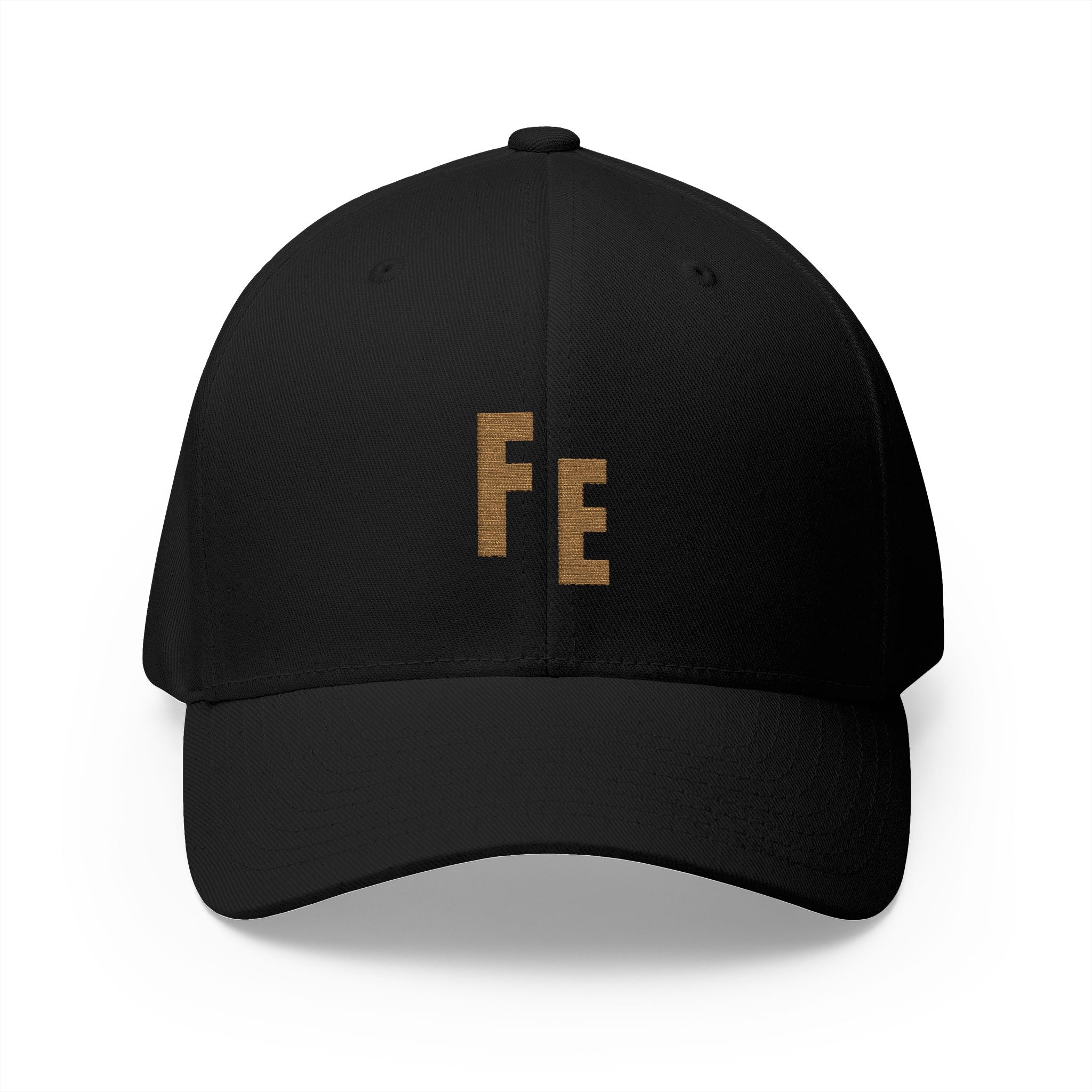 Embroidered 'Fe' Gold Letter Cap — Minimalist Metallica-Inspired Baseball Hat