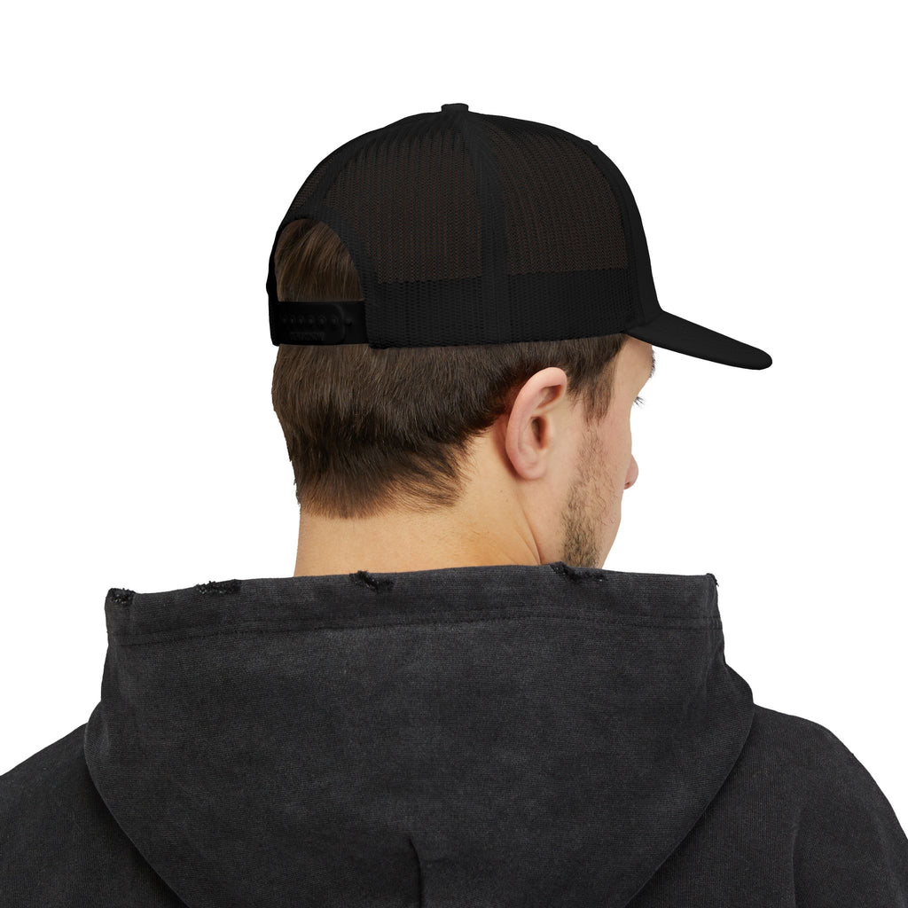 Built In Silence Snapback Trucker Cap — Bold Gold Embroidered Mesh Hat