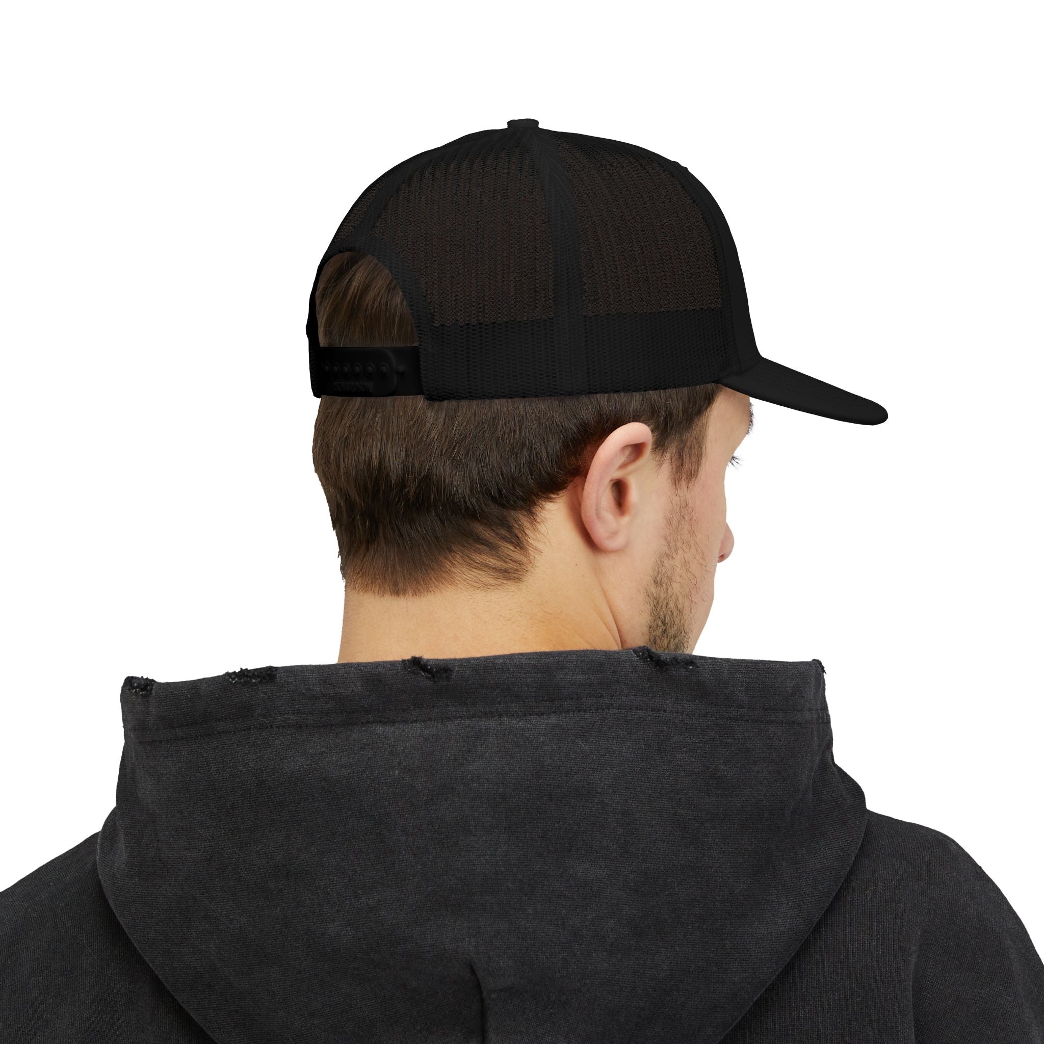 Built In Silence Snapback Trucker Cap — Bold Gold Embroidered Mesh Hat